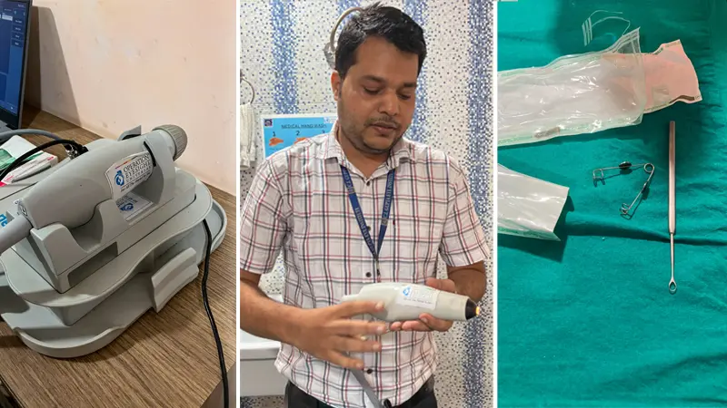 Three panel collage: Far left, medical device; centre, man holding device; far right, more medical equipment